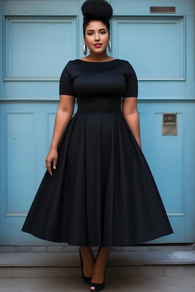 RoselleDress black plus size cocktail dress boat neck short sleeve fitted waist pleated a-line midi swing formal dress