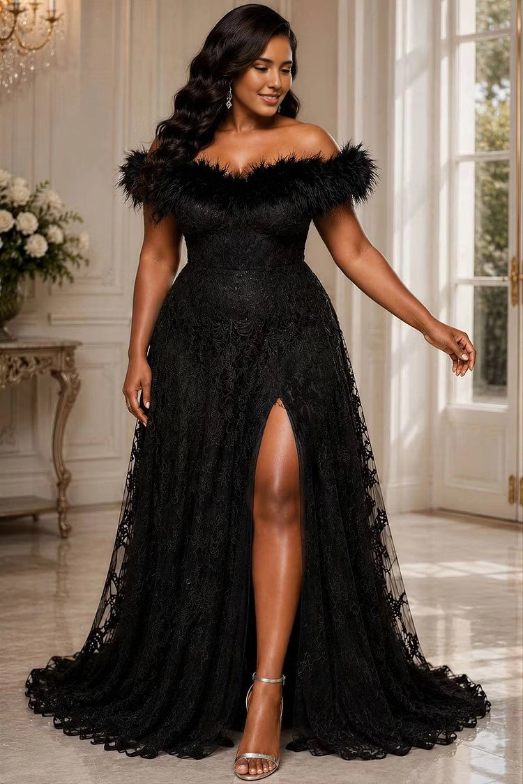 RoselleDress black plus size evening gown off shoulder fluffy feather trim glitter lace a-line gown front high slit formal maxi dress with train