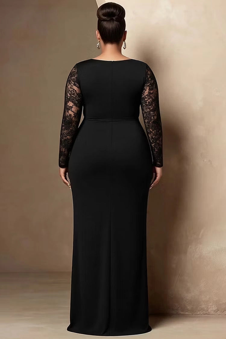 Back view RoselleDress black lace long sleeve formal gown zip back fitted mermaid silhouette elegant plus size wedding guest maxi dress