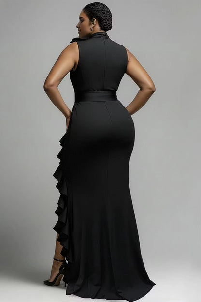 Back view RoselleDress fitted black mermaid gown high neck back zipper closure elegant plus size party maxi dress