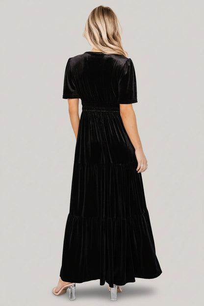 Emerald A‑Line V‑Neck Short‑Sleeve Smocked‑Back Floor‑Length Mother Of Bride Dress