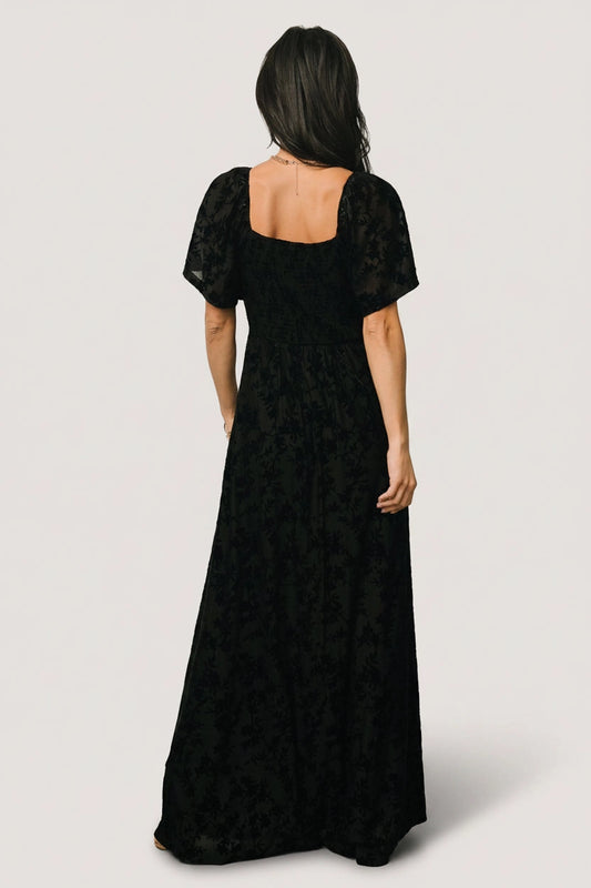 Roselledress plus size black formal maxi dress square smocked back flocked floral gown rear view