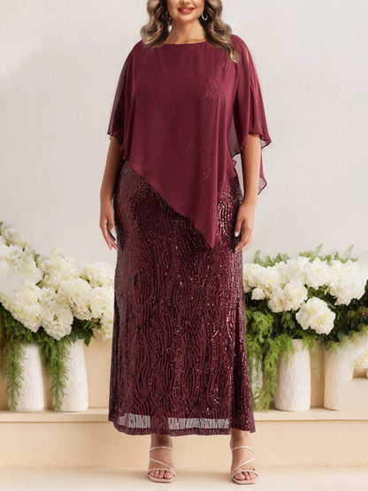 Roselledress burgundy plus size mother of bride maxi dress front view, boat neck chiffon cape overlay sequin formal gown