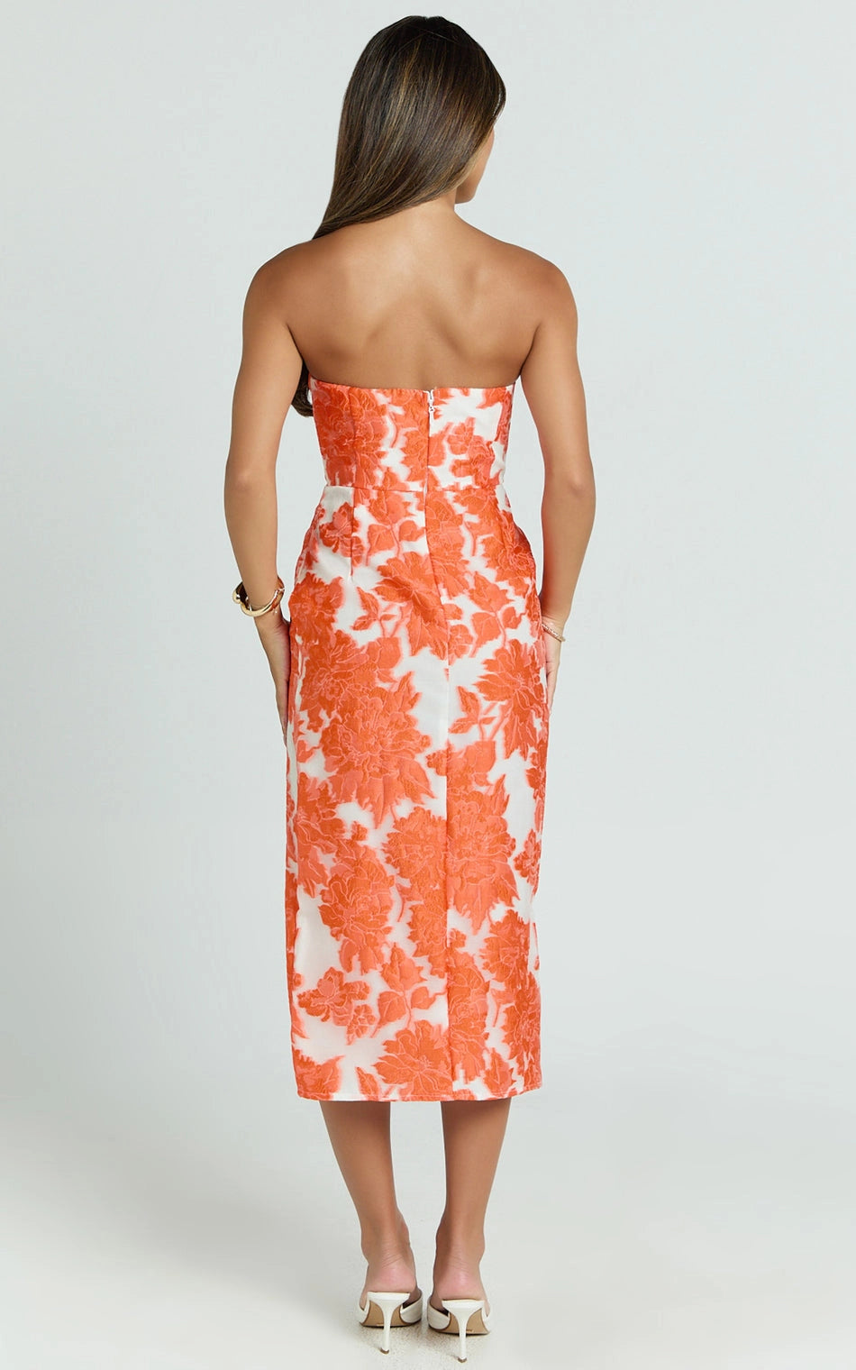 Roselledress strapless formal dress plus size back zipper floral textured midi cocktail dress back view