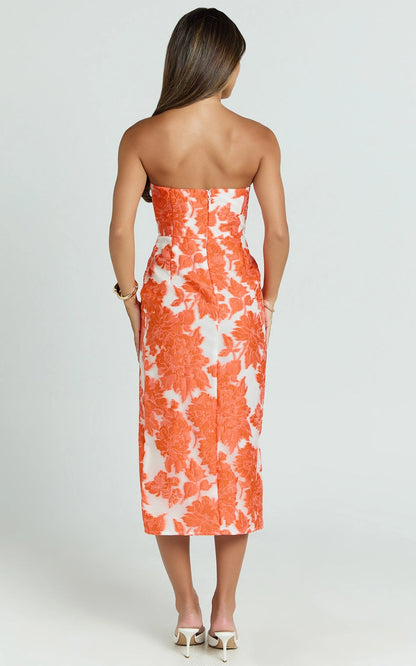 Roselledress strapless formal dress plus size back zipper floral textured midi cocktail dress back view
