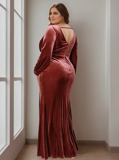 Back view RoselleDress wine red velvet formal dress thin strap v-back floor length plus size evening mother dress