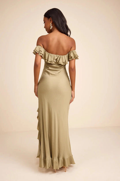 roselledress sage olive boho bridal gown seamless full plain low open back elastic ruffle off shoulder textured flowy fabric garden wedding guest dress full back view