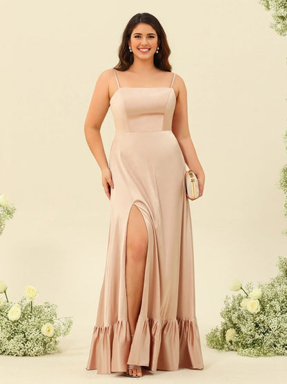 RoselleDress champagne satin plus size bridesmaid dress square neck spaghetti straps high side slit ruffle hem formal gown