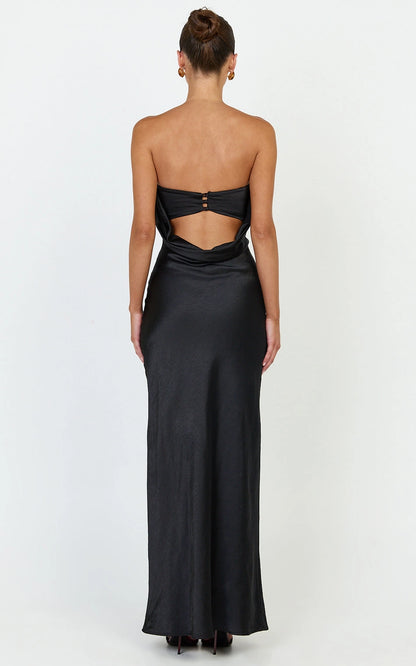Strapless Cowl Back Button Detail Satin Bodycon Plus Size Wedding Guest Dress