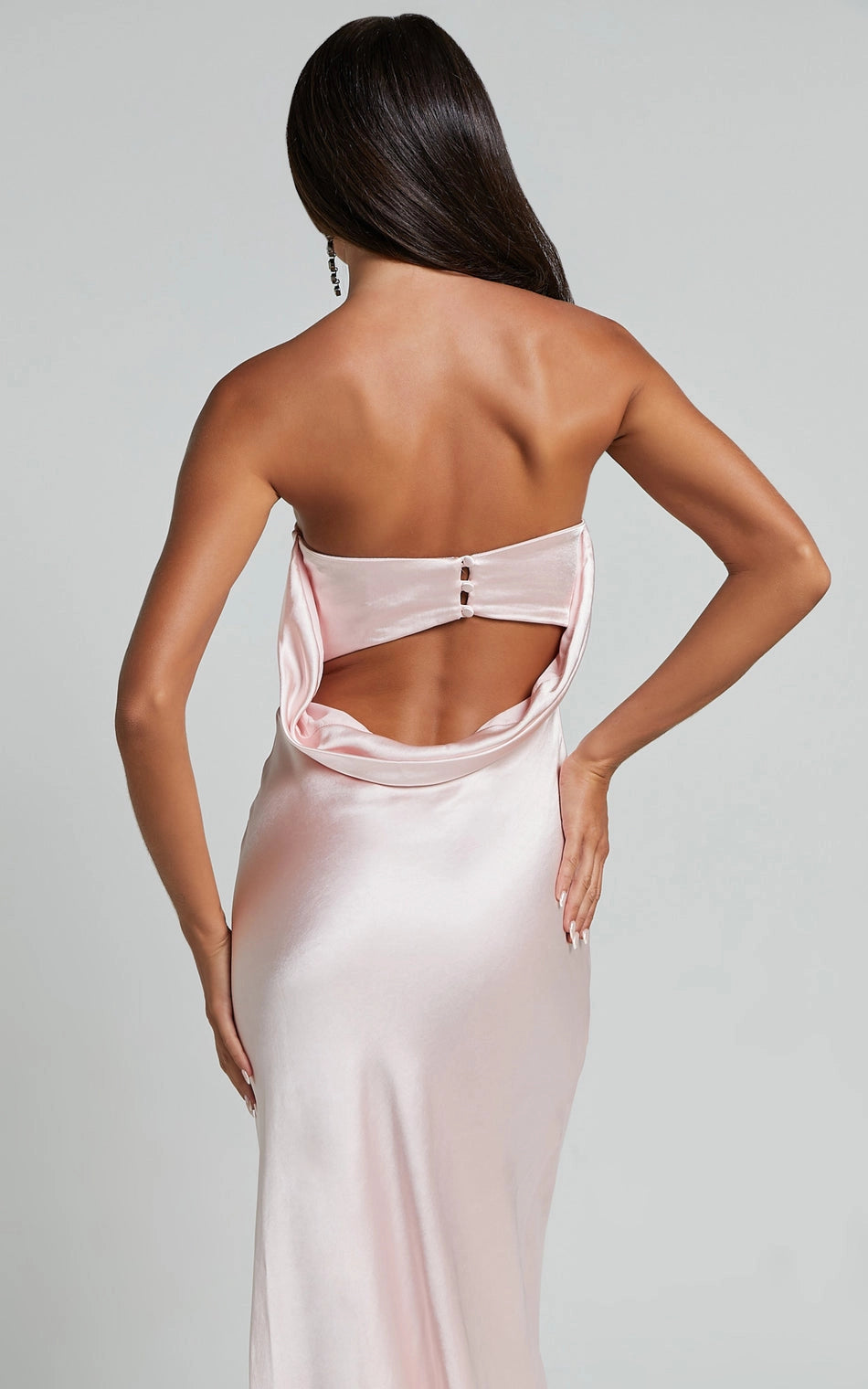 Strapless Cowl Back Button Detail Satin Bodycon Plus Size Wedding Guest Dress