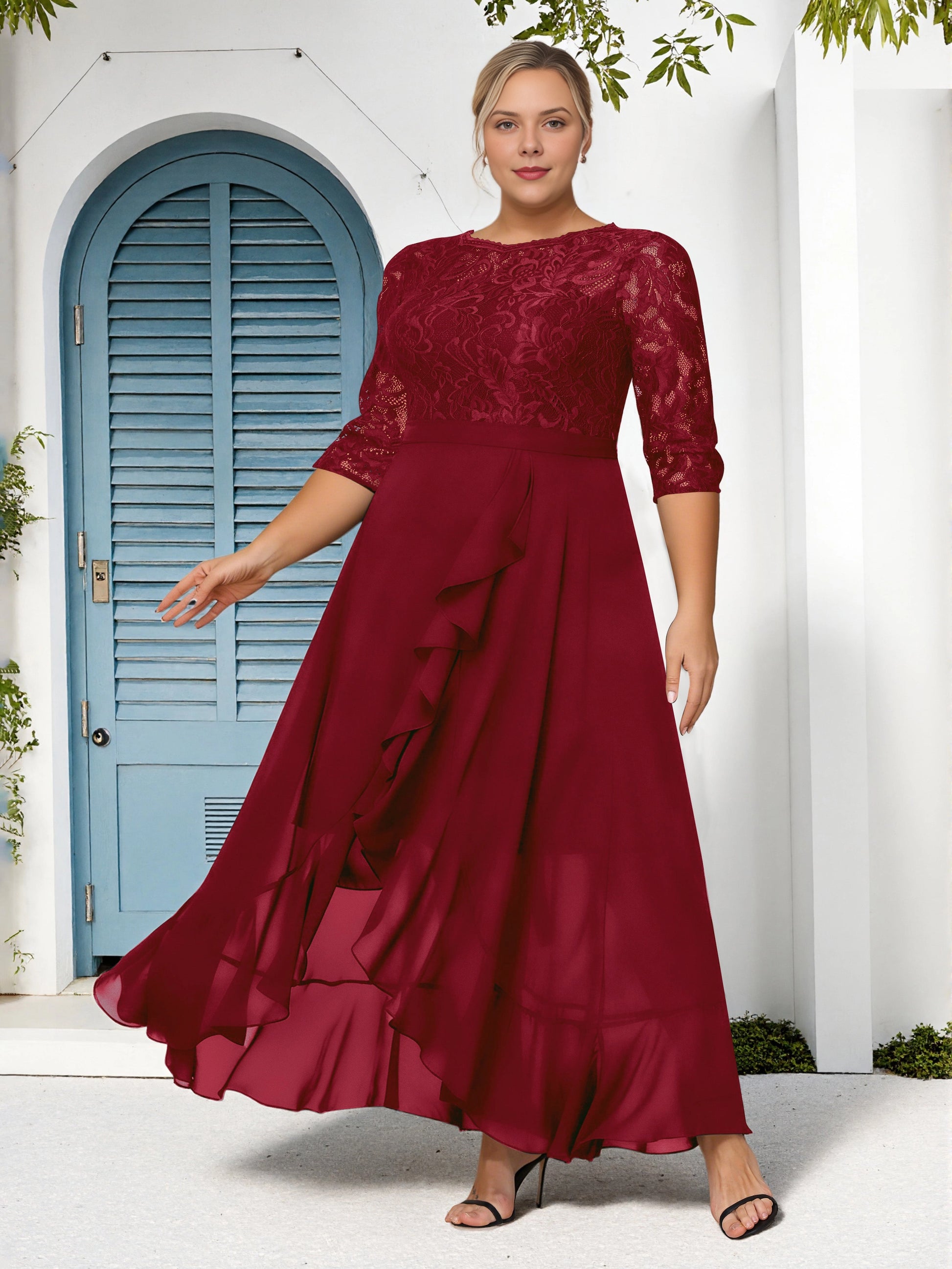 Roselledress burgundy plus size mother of the bride dress front view, lace 3/4 sleeve ruffle high low chiffon gown