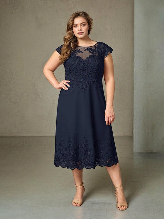 Roselledress plus size navy mother of the bride dress illusion neck cap sleeve midi lace formal gown