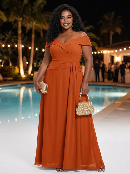 Roselledress rust off shoulder plus size bridesmaid dress front view, wrapped waist chiffon a-line formal maxi gown