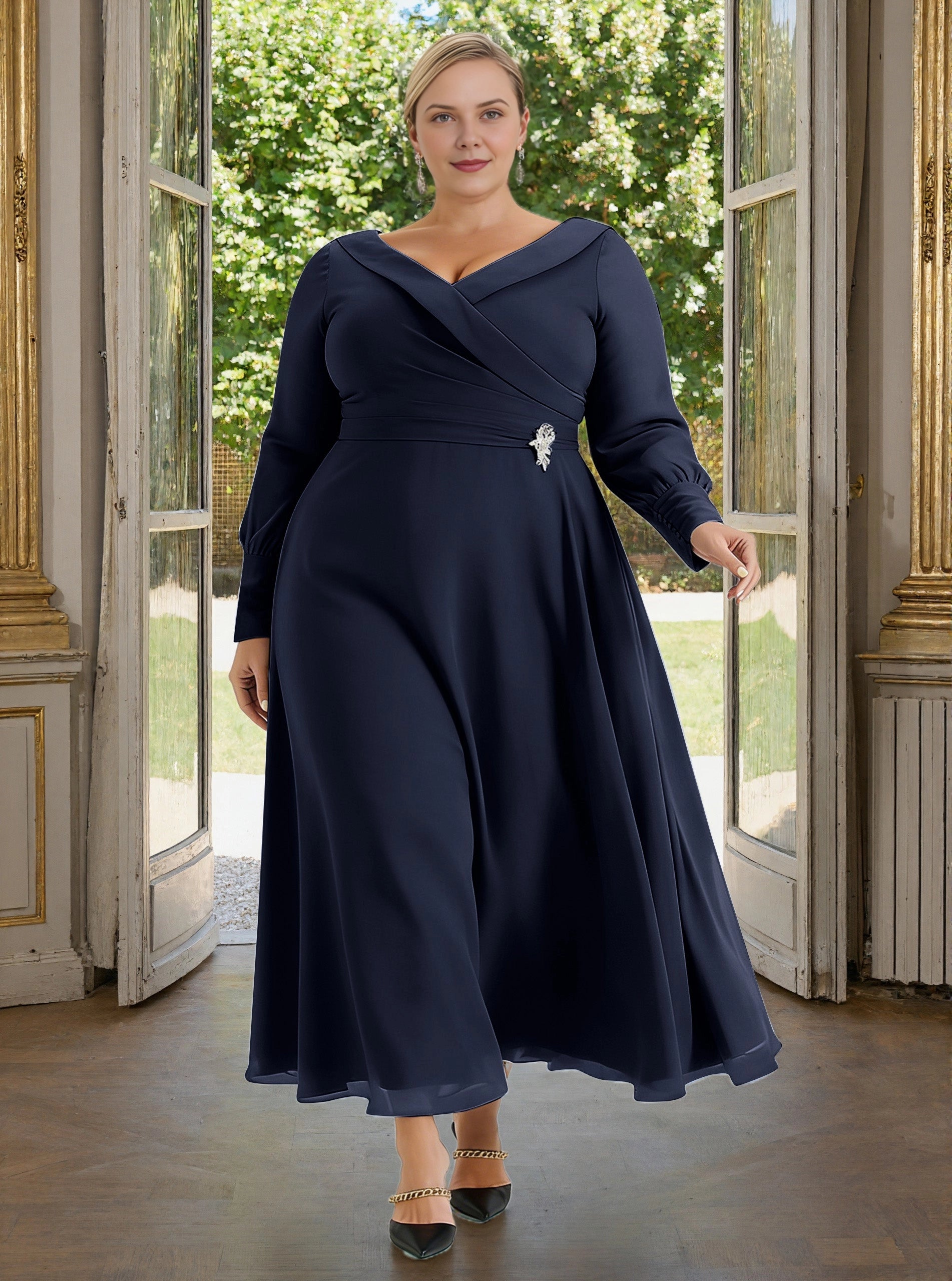 Roselledress navy plus size mother of bride dress v neck long sleeve beaded brooch tea‑length gown front view