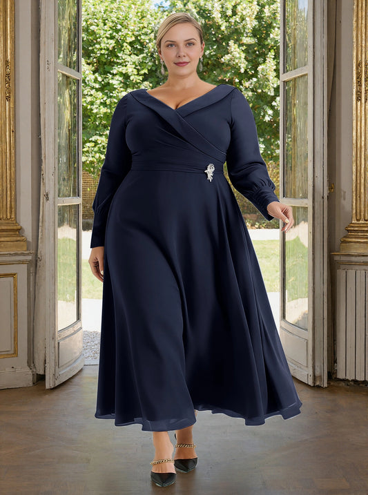 Roselledress navy plus size mother of bride dress v neck long sleeve beaded brooch tea‑length gown front view