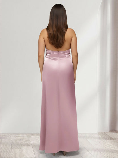 Roselledress dusty rose column bridesmaid dress back view, open back zipper closure halter satin plus size evening dress