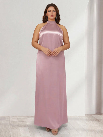 Roselledress dusty rose satin plus size bridesmaid dress front view, halter neck sleeveless column long gown for formal wedding