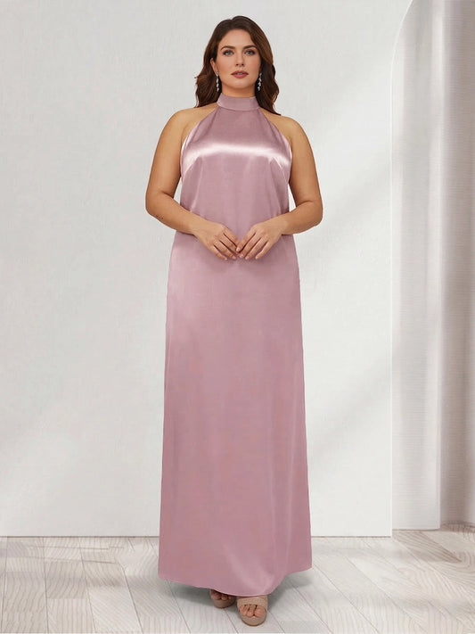 Roselledress dusty rose satin plus size bridesmaid dress front view, halter neck sleeveless column long gown for formal wedding