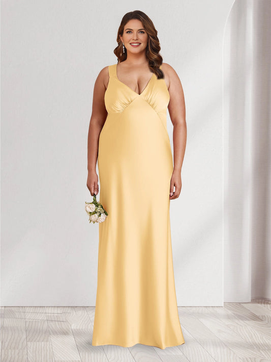 Roselledress pale yellow plus size maternity bridesmaid dress sleeveless v-neck gathered bust satin mermaid gown front view