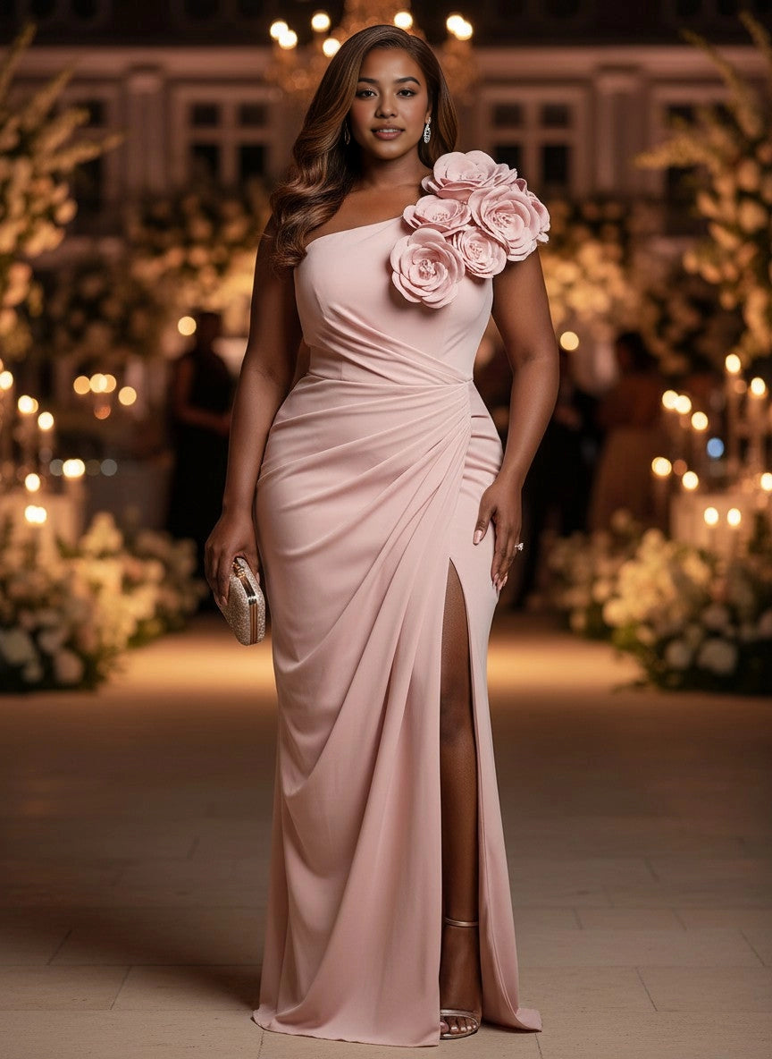 Roselledress blush plus size prom dress one shoulder 3d floral ruched mermaid gown with high slit front view