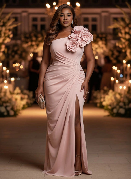 Roselledress blush plus size prom dress one shoulder 3d floral ruched mermaid gown with high slit front view