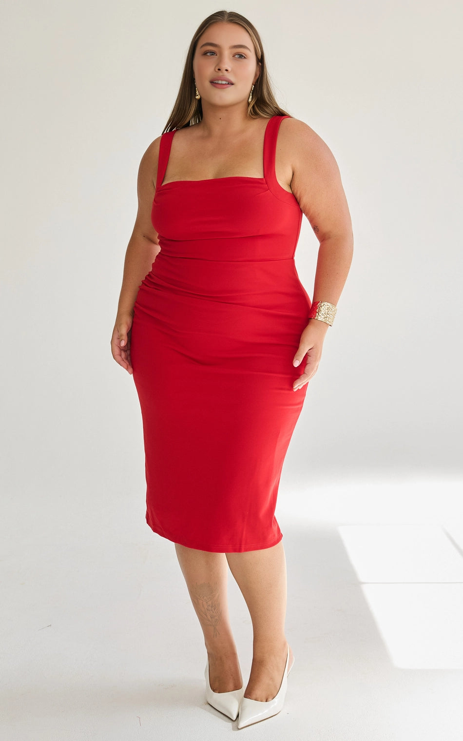 Roselledress red plus size midi wedding guest dress square neck wide strap ruched sheath gown front view