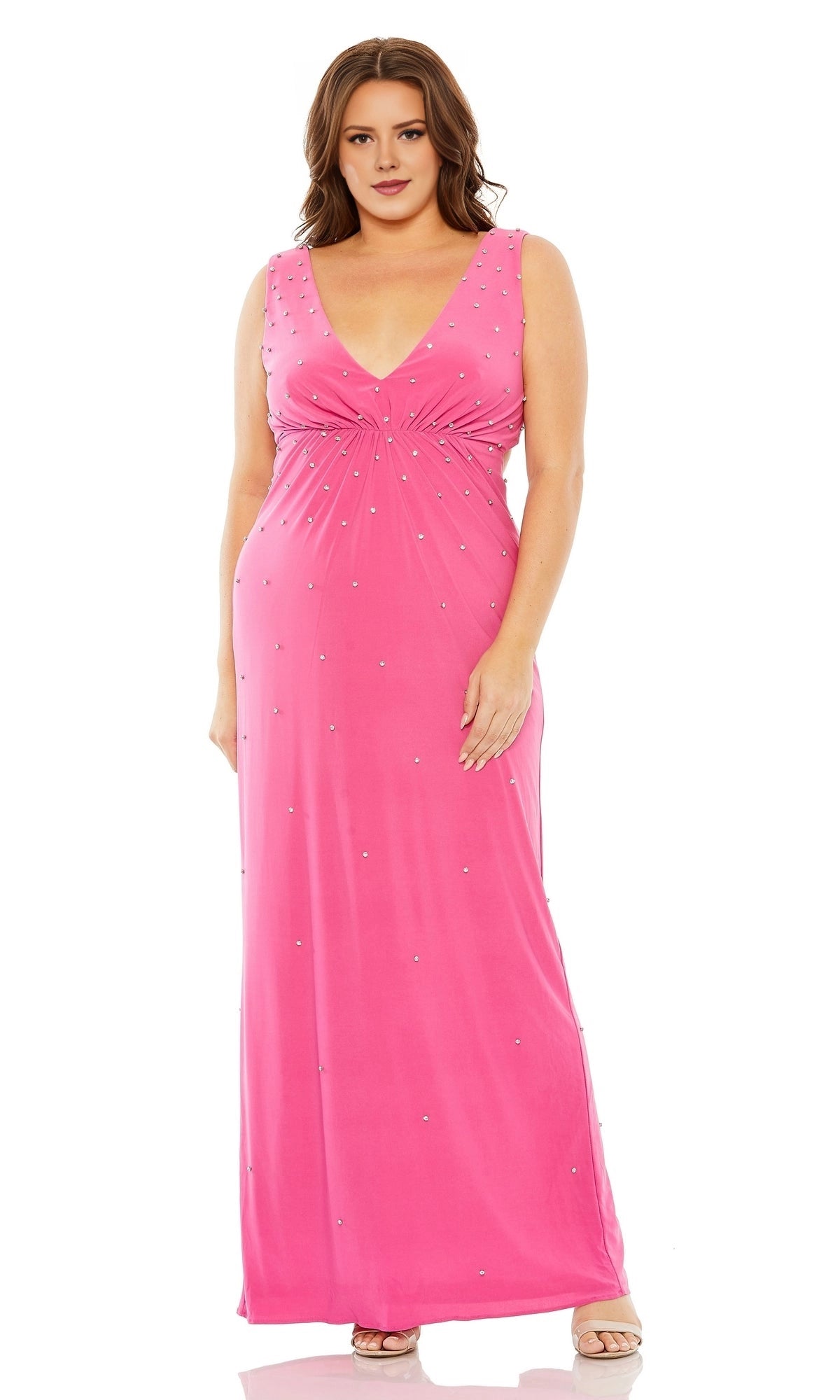 Roselledress hot pink plus size prom dress front view, sleeveless V-neck rhinestone sheath formal gown