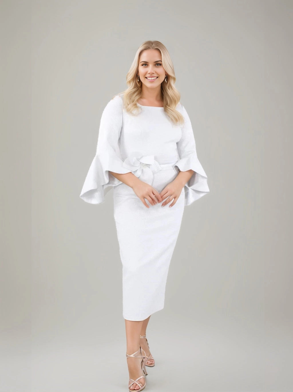 Roselledress white plus size wedding guest dress,sheath square neck flare sleeve midi formal cocktail gown
