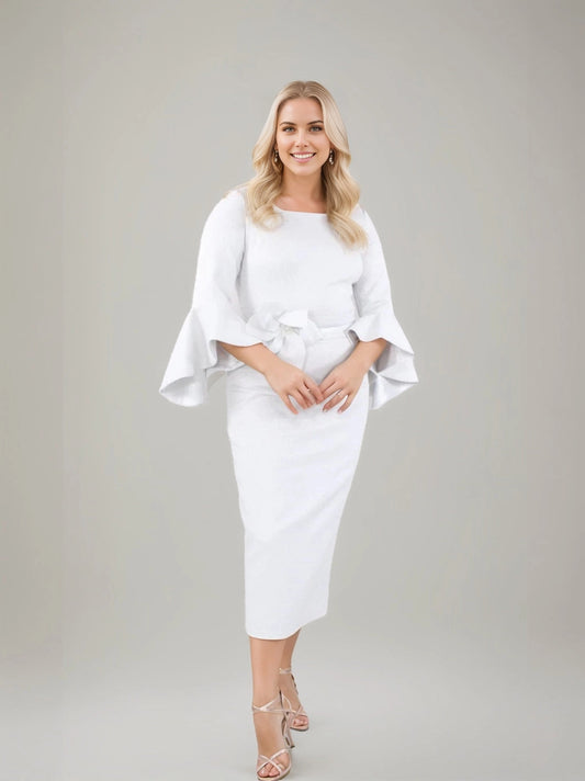 Roselledress white plus size wedding guest dress,sheath square neck flare sleeve midi formal cocktail gown
