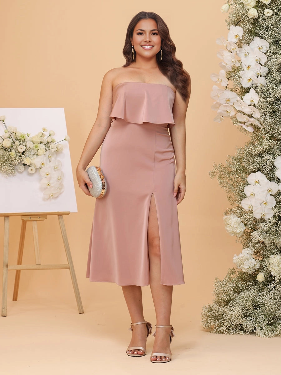 roselledress dusty rose plus size cocktail bridesmaid dress strapless ruffle overlay fitted sheath front slit satin midi gown