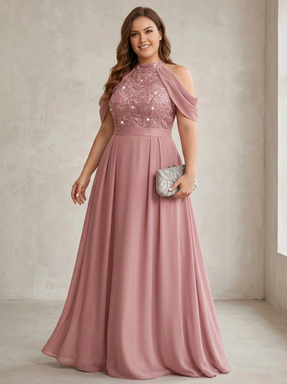 Roselledress dusty pink plus size mother of the bride dress front view, halter cold shoulder sparkly lace chiffon formal gown