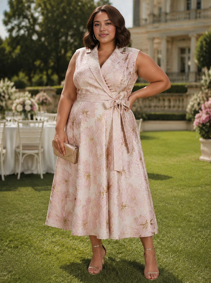 Roselledress pink gold plus size mother of bride dress sleeveless wrap belt jacquard midi gown front view