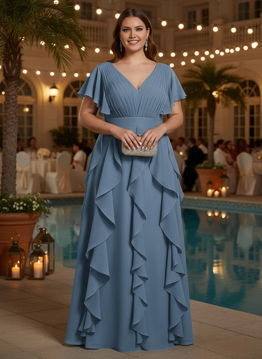 Roselledress dusty blue pleated chiffon plus size mother of bride dress front view, v neck flutter sleeve ruffled formal gown