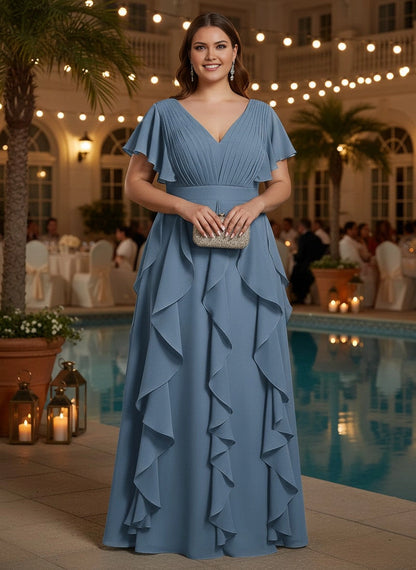Roselledress dusty blue pleated chiffon plus size mother of bride dress front view, v neck flutter sleeve ruffled formal gown