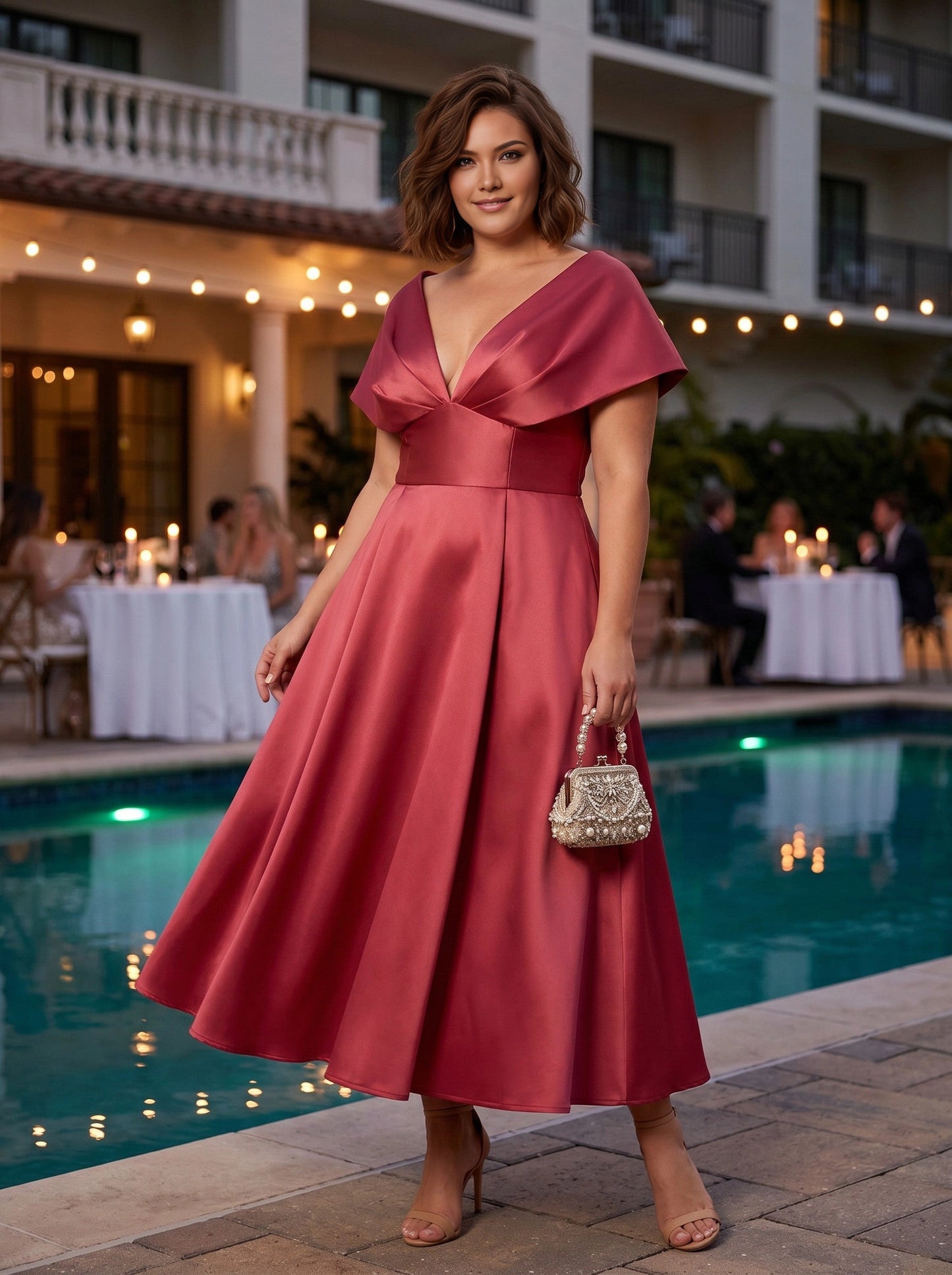 Roselledress dusty rose satin plus size mother of the bride dress front view, deep v neck flutter sleeve a-line midi formal gown