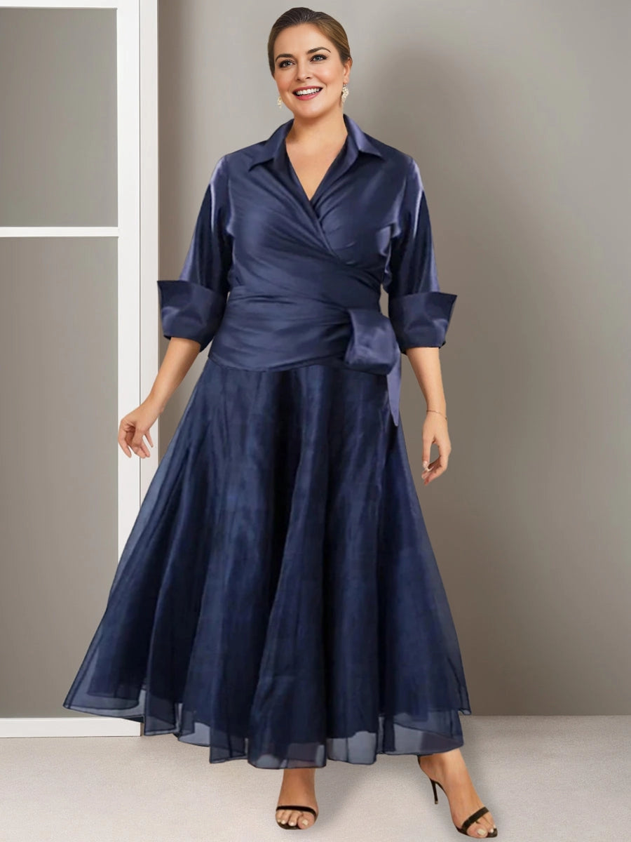 Roselledress navy plus size mother of bride midi dress front view, collared wrap bodice 3/4 sleeve tie waist flowy formal gown