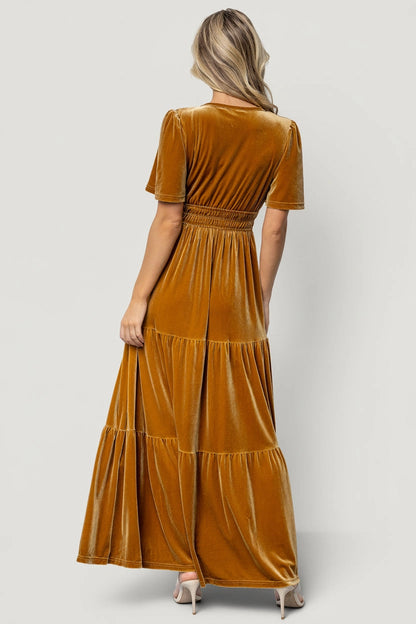 Emerald A‑Line V‑Neck Short‑Sleeve Smocked‑Back Floor‑Length Mother Of Bride Dress