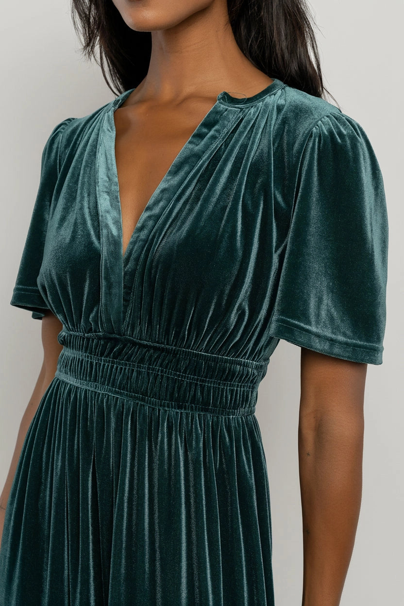 Emerald A‑Line V‑Neck Short‑Sleeve Smocked‑Back Floor‑Length Mother Of Bride Dress