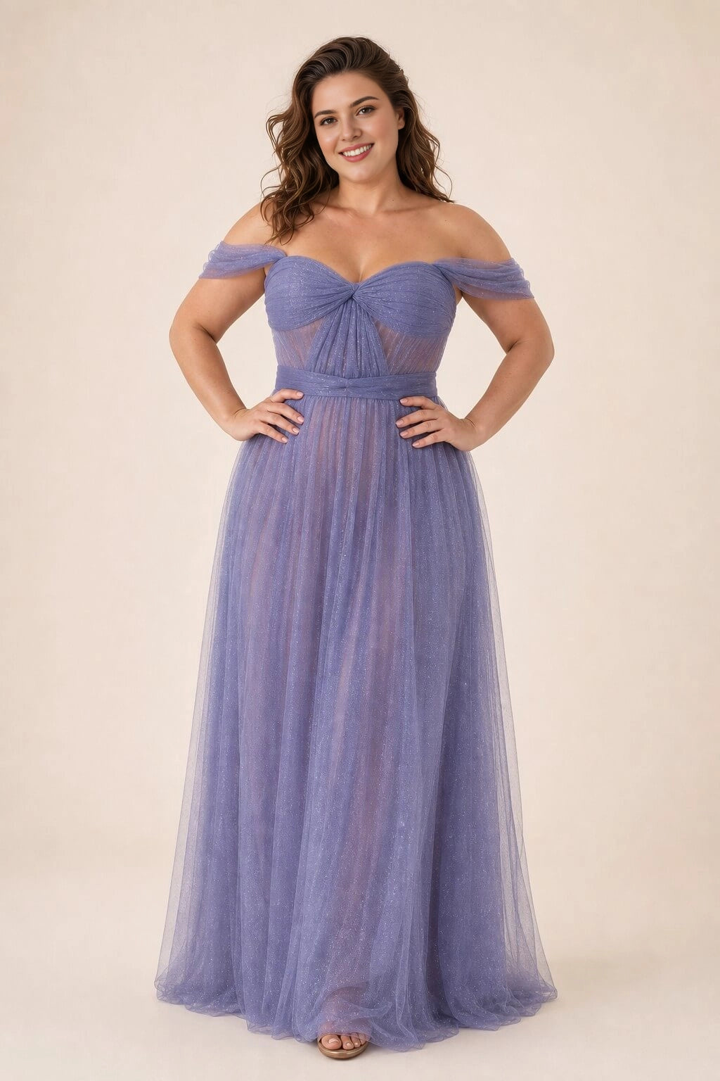 Roselledress lavender plus size prom dress off shoulder twist bodice glitter tulle a line gown front view