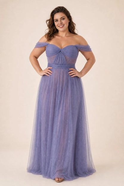 Roselledress lavender plus size prom dress off shoulder twist bodice glitter tulle a line gown front view