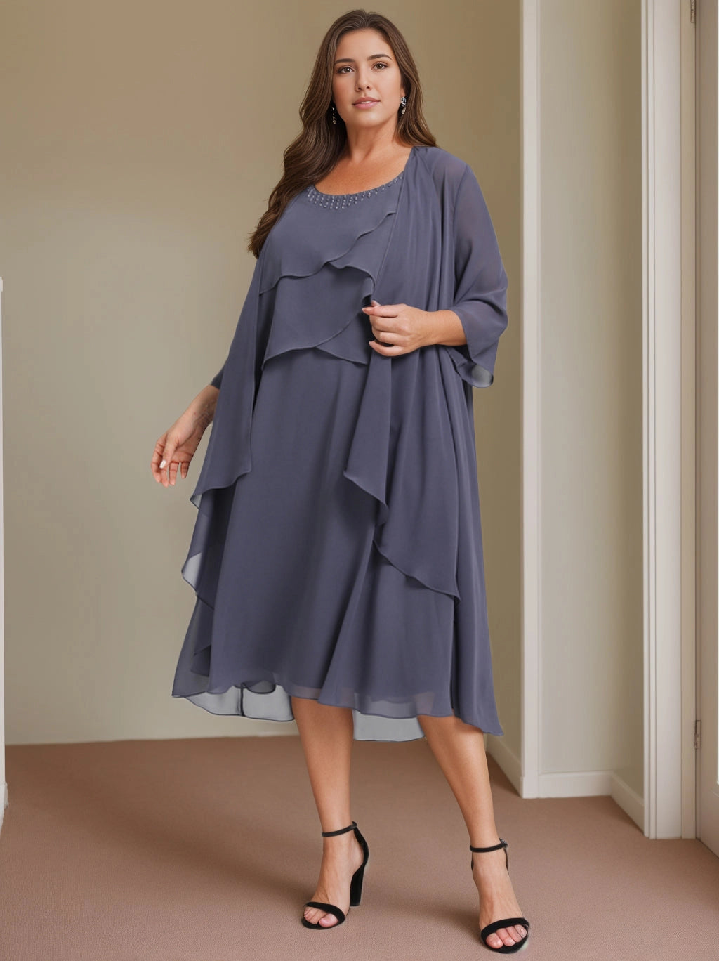 RoselleDress dusty blue chiffon plus size mother of the bride midi dress beaded scoop neck tiered ruffle sleeveless gown