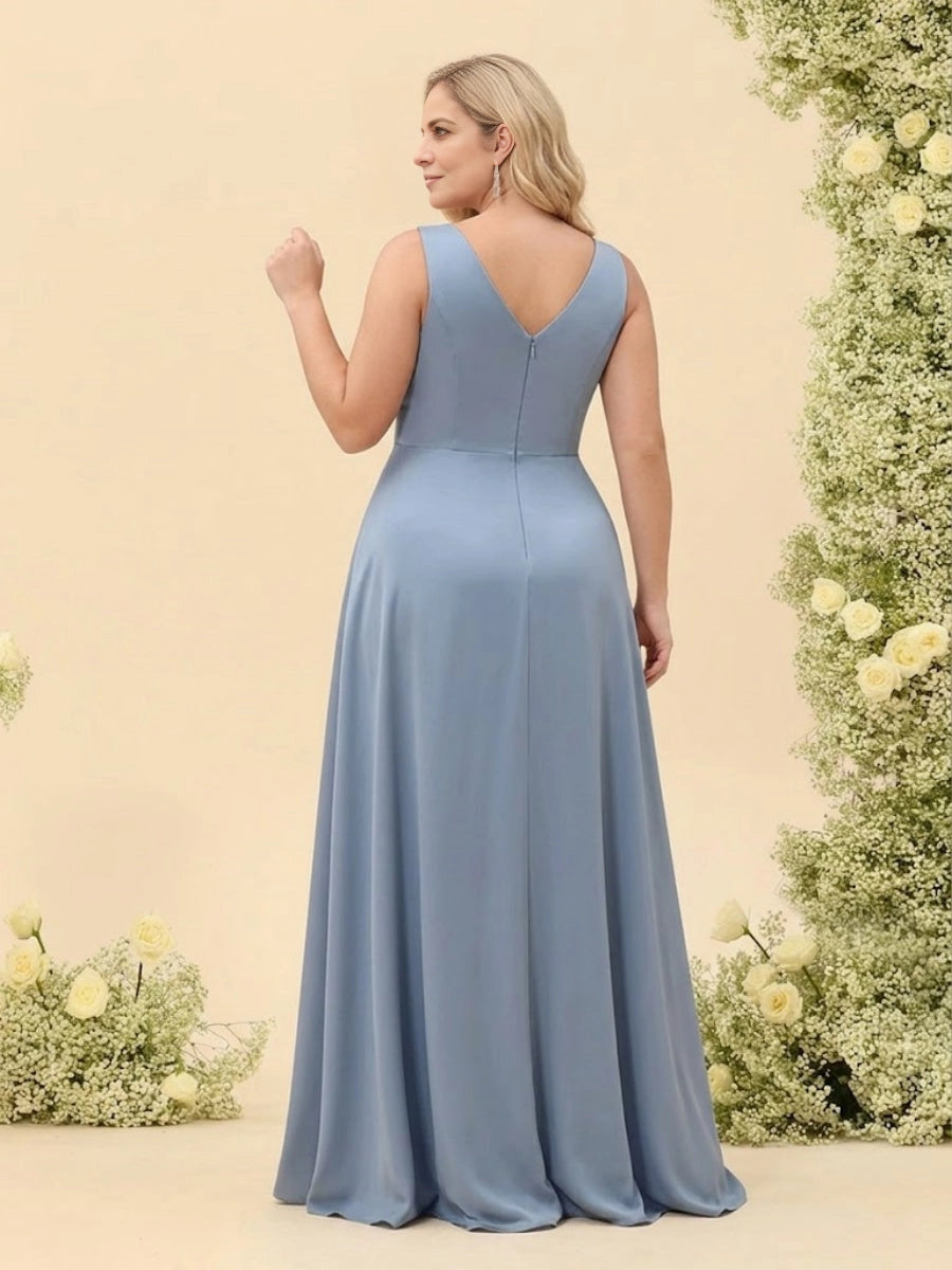 Roselledress Dusty Blue A-Line V-Neck Sleeveless V-Back High Low Chiffon Maxi Plus Size Mother Of The Bride Dress