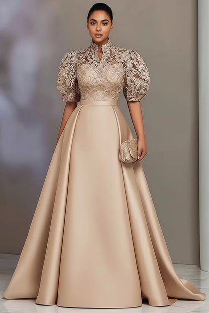 Roselledress champagne lace satin evening gown high neck puff sleeve a-line formal dress with pockets front view