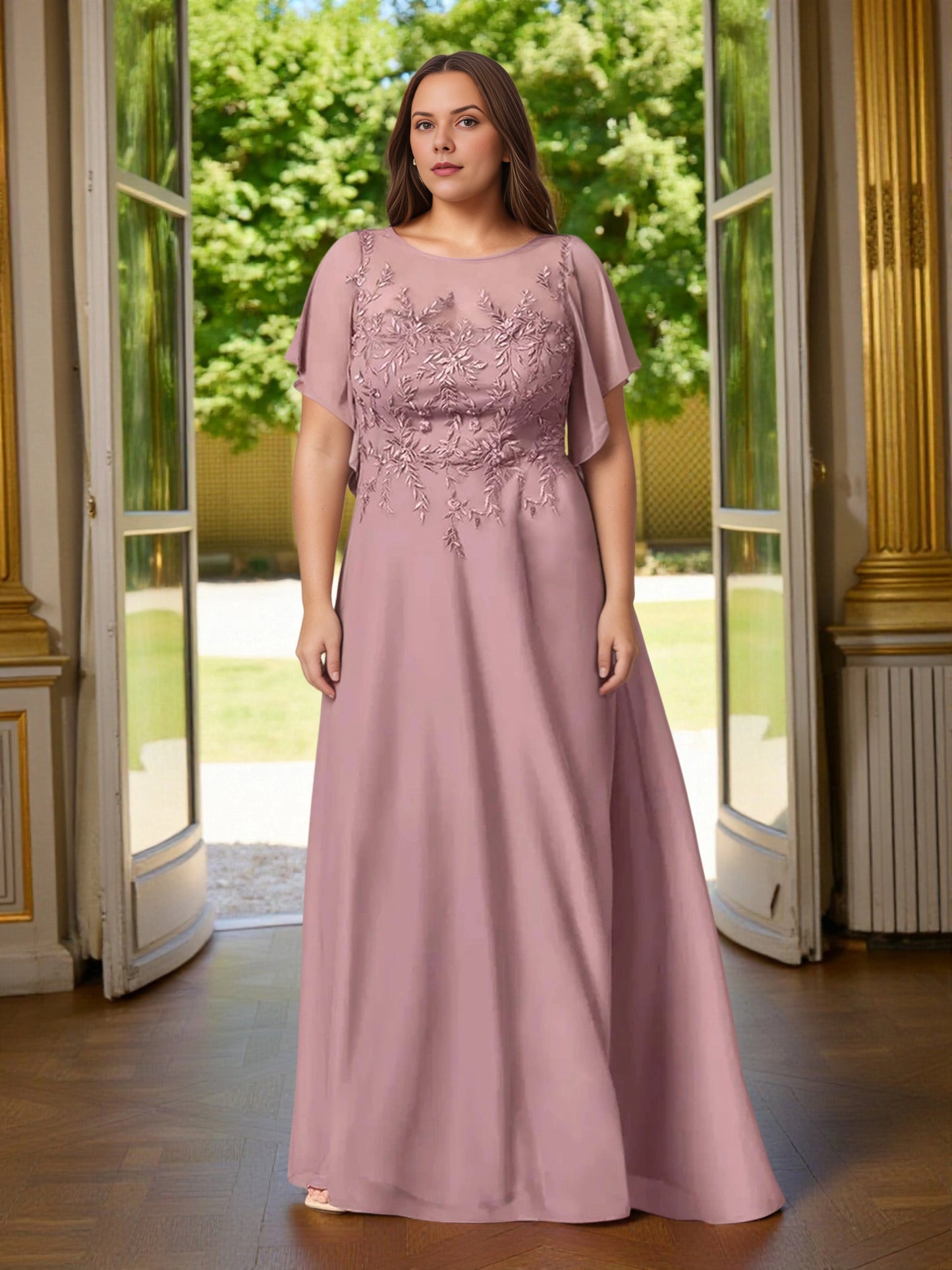 Roselledress dusty mauve plus size mother of the bride dress front view, illusion neck floral embroidery flutter sleeve long gown