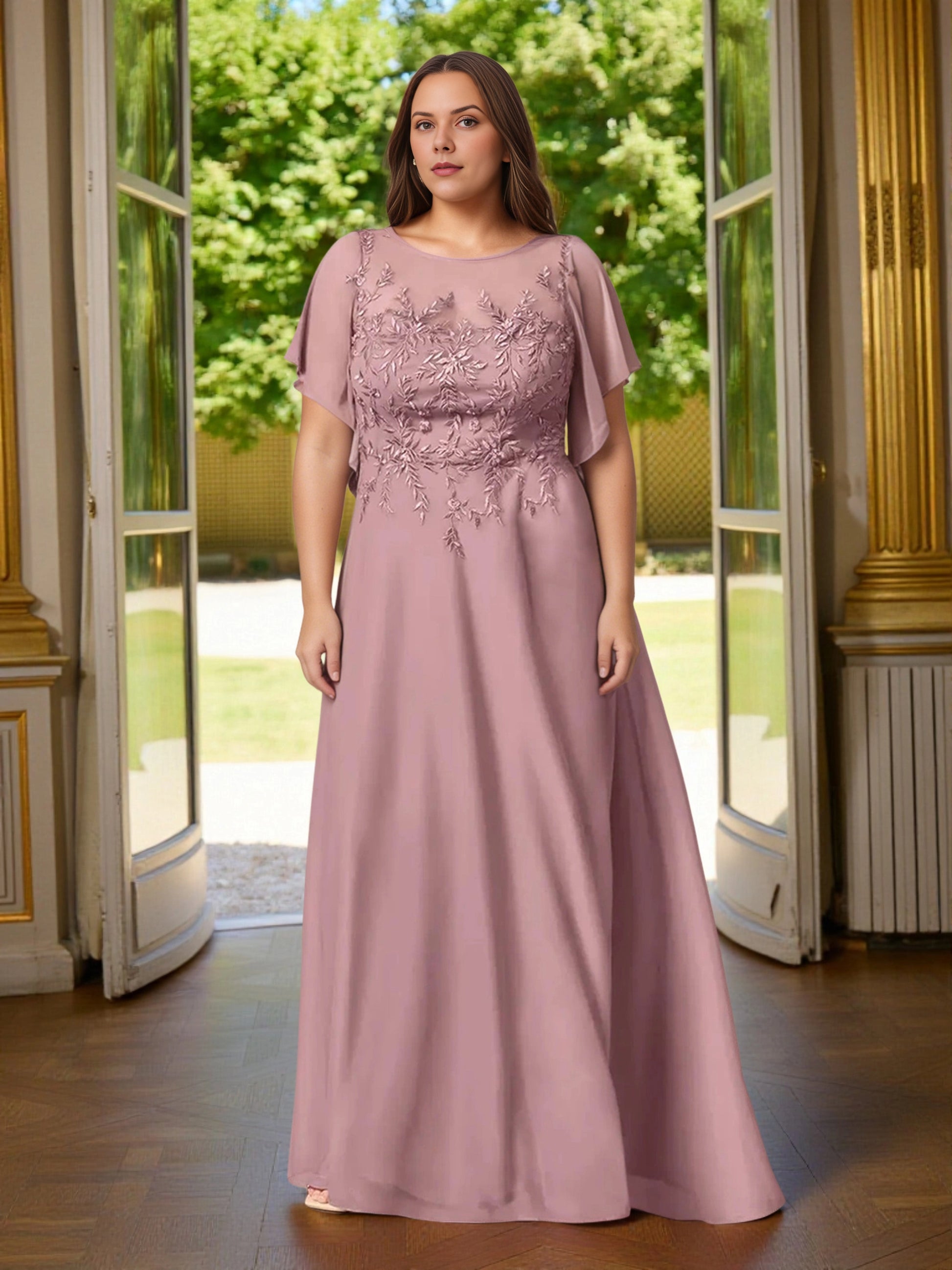 Roselledress dusty mauve plus size mother of the bride dress front view, illusion neck floral embroidery flutter sleeve long gown