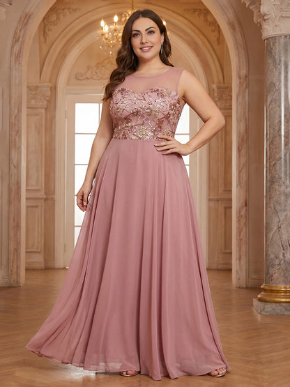 Roselledress dusty pink plus size prom dress front view, sleeveless floral lace applique chiffon a-line formal gown