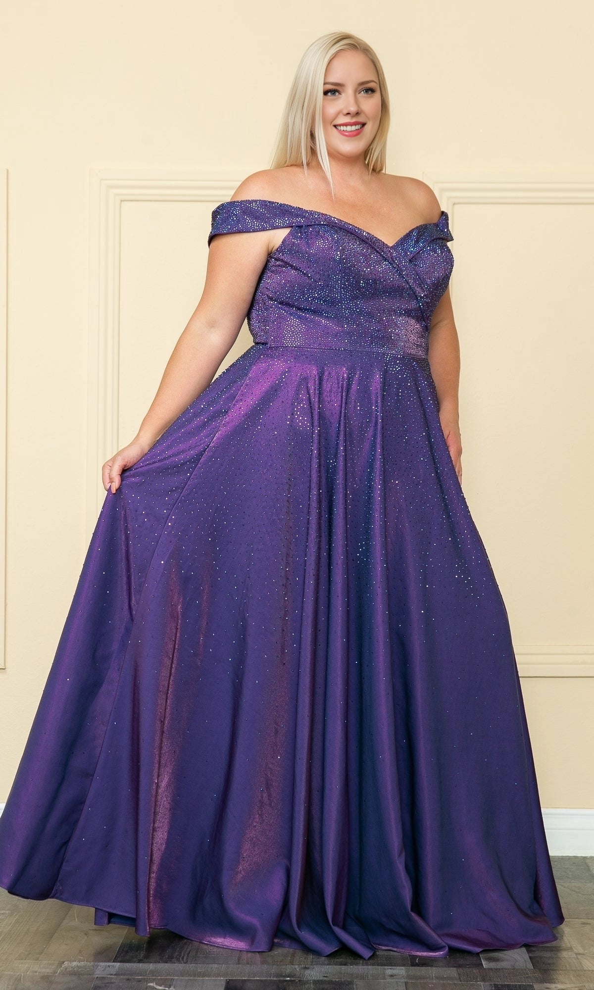 Roselledress royal blue plus size prom dress front view, off the shoulder rhinestone satin a-line gown with side pockets