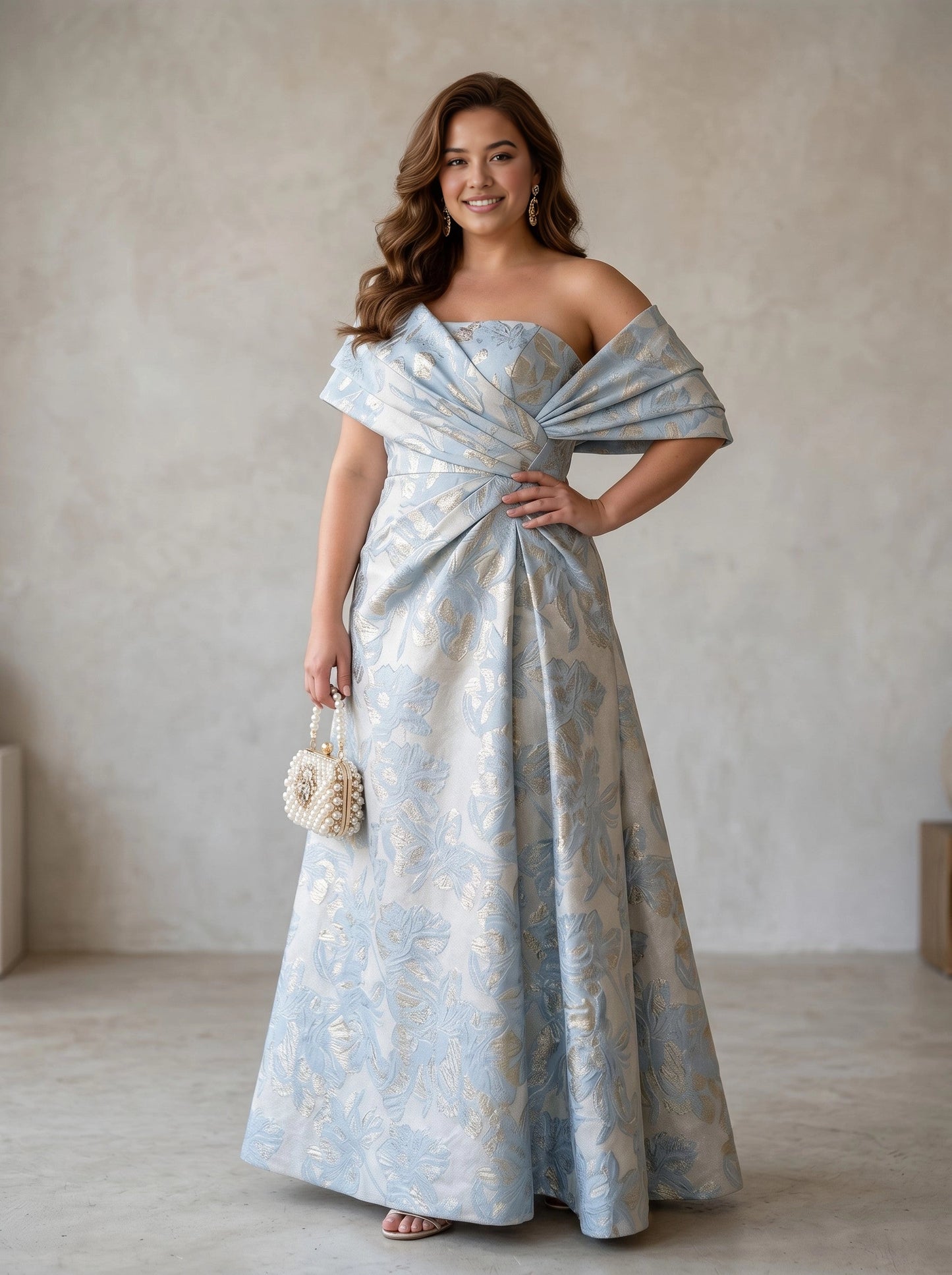 Roselledress light blue plus size mother of bride dress off shoulder twisted waist jacquard a line gown front view