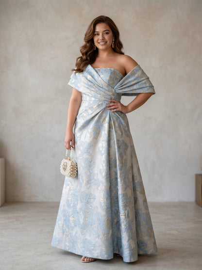 Roselledress light blue plus size mother of bride dress off shoulder twisted waist jacquard a line gown front view