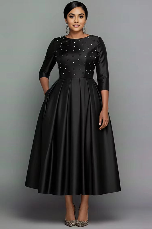 Roselledress black plus size a-line midi dress round neck three quarter sleeve pearl beaded satin formal gown with side pockets front view